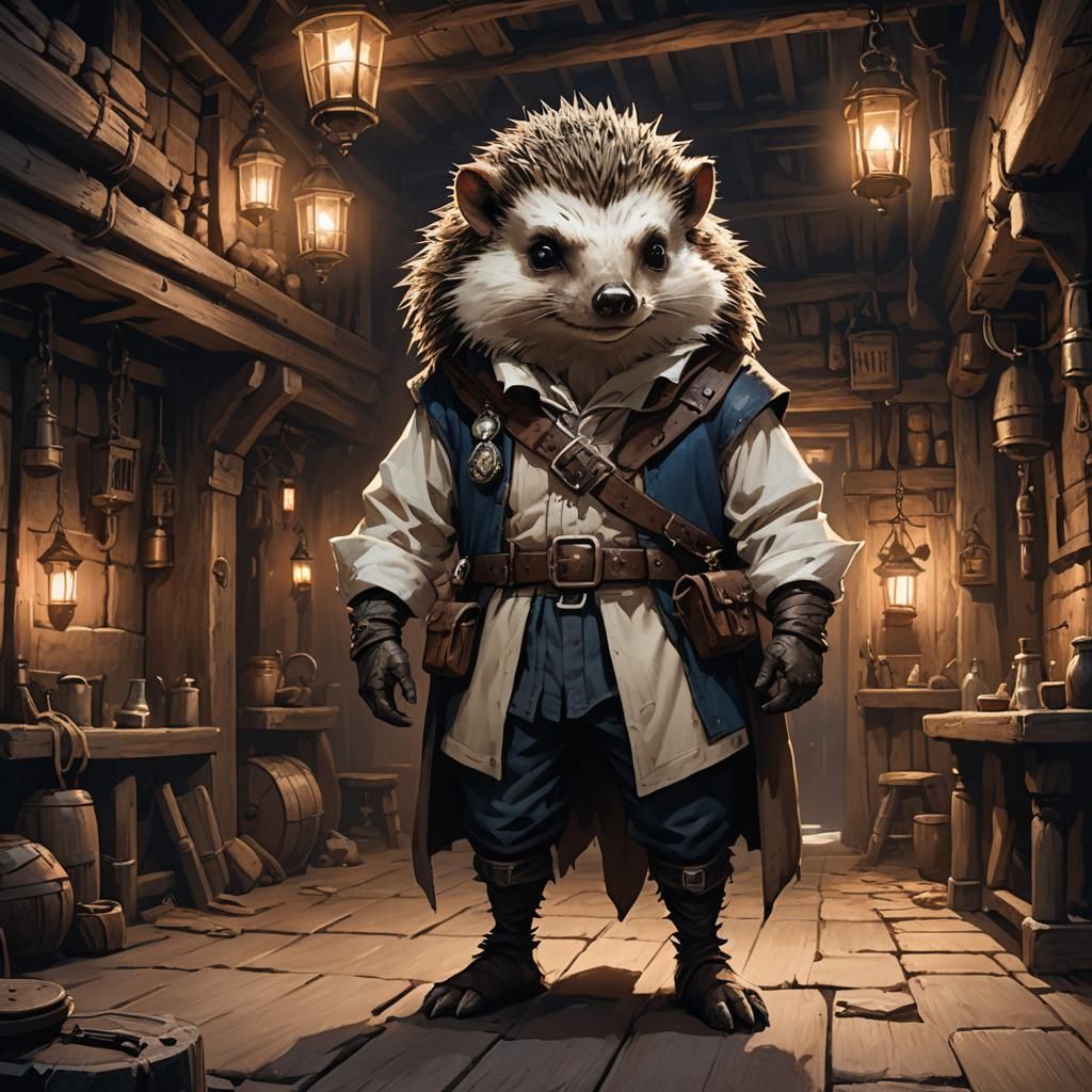 Anthropomorphic Hedgehog in Dimly Lit Tavern