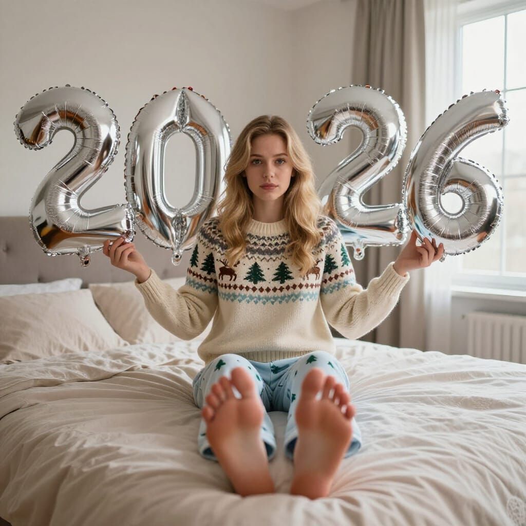 Woman with Blonde Hair Holds 2026 Balloons on Bed