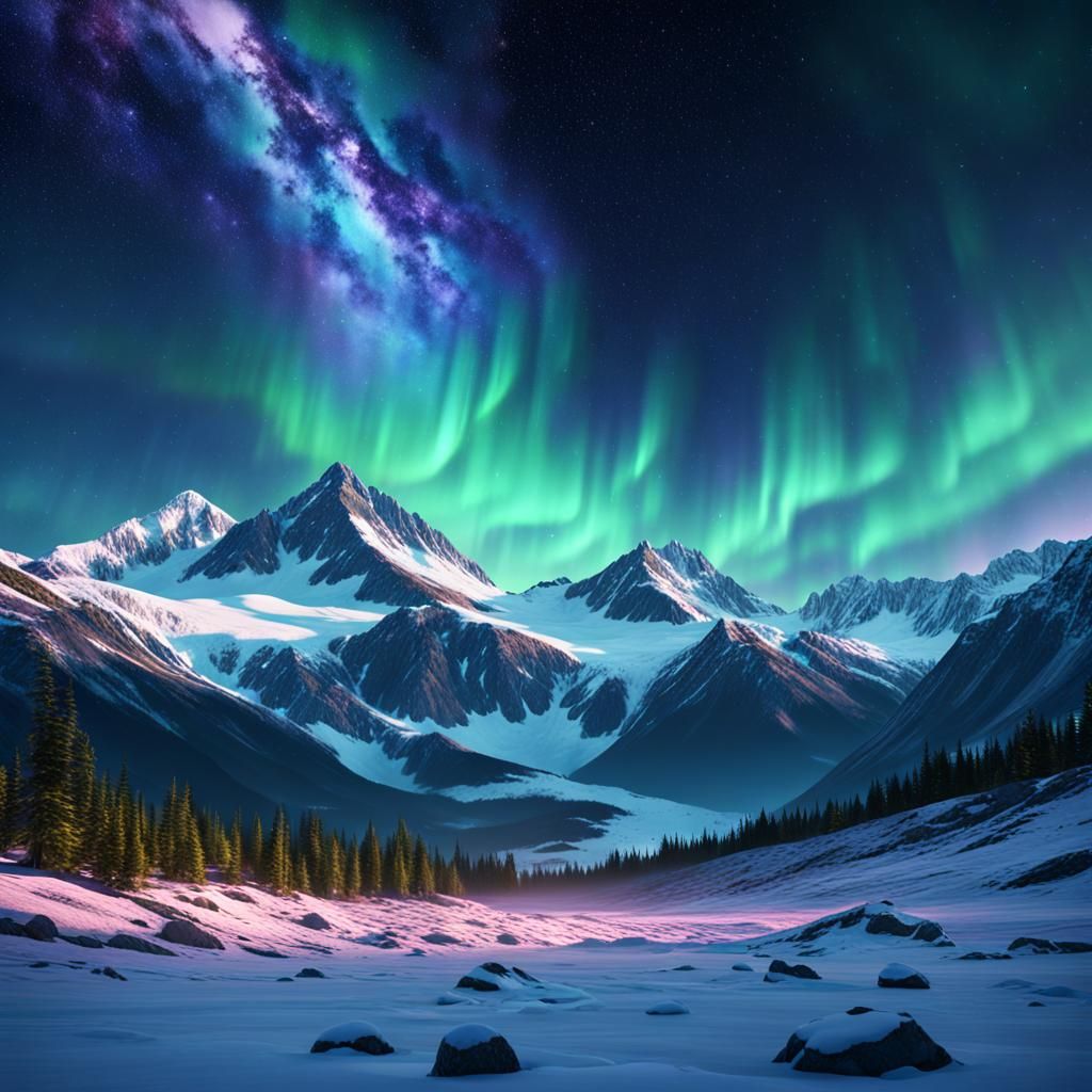 Aurora Borealis Over Snow Mountain in Fantasy Art