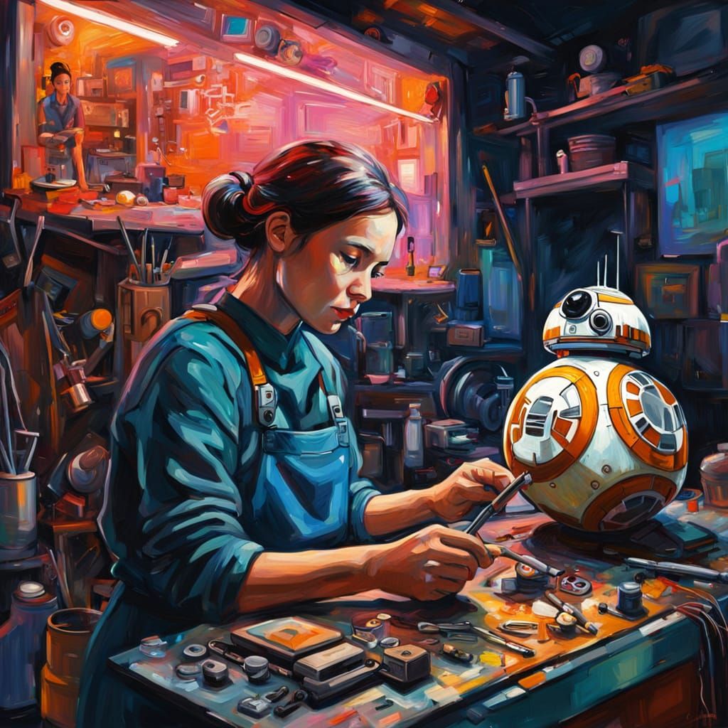 Cyborg Mechanic Repairs BB-8: Impressionist Painting