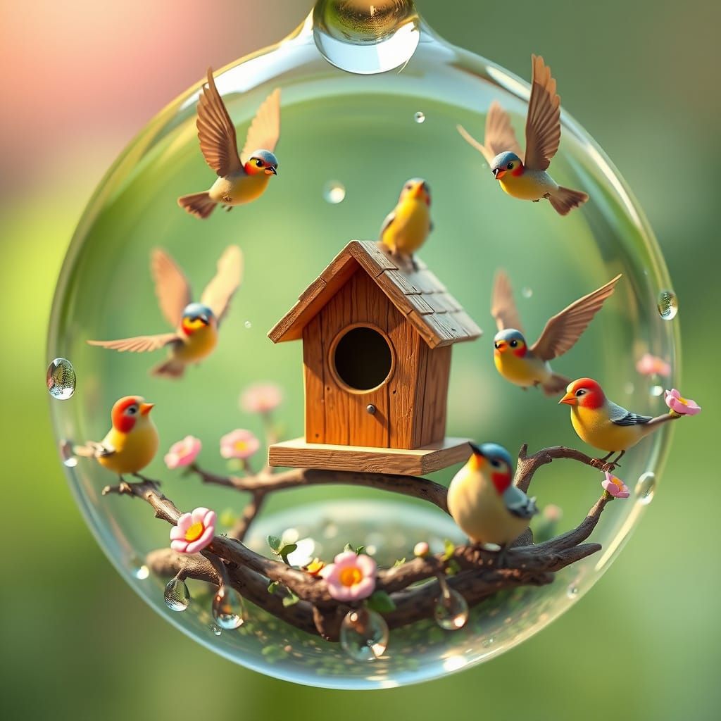 Miniature Birdhouse in Dewdrop: Whimsical 3D Animation