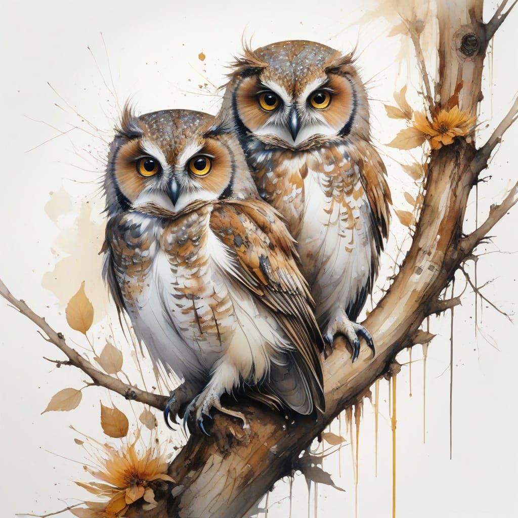 Owlets in Twilight: A Whimsical Watercolor Illustration