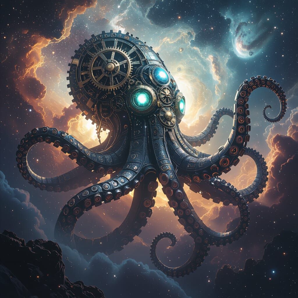 Clockwork Kraken Emerges from Nebula: 3D Render