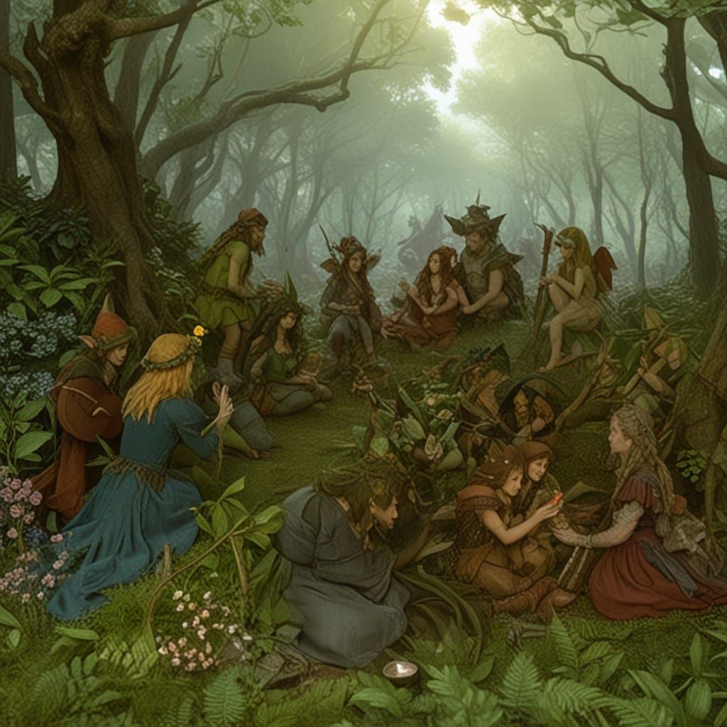 Elves and Fairies Enjoy a Magical Picnic in an Enchanted For...