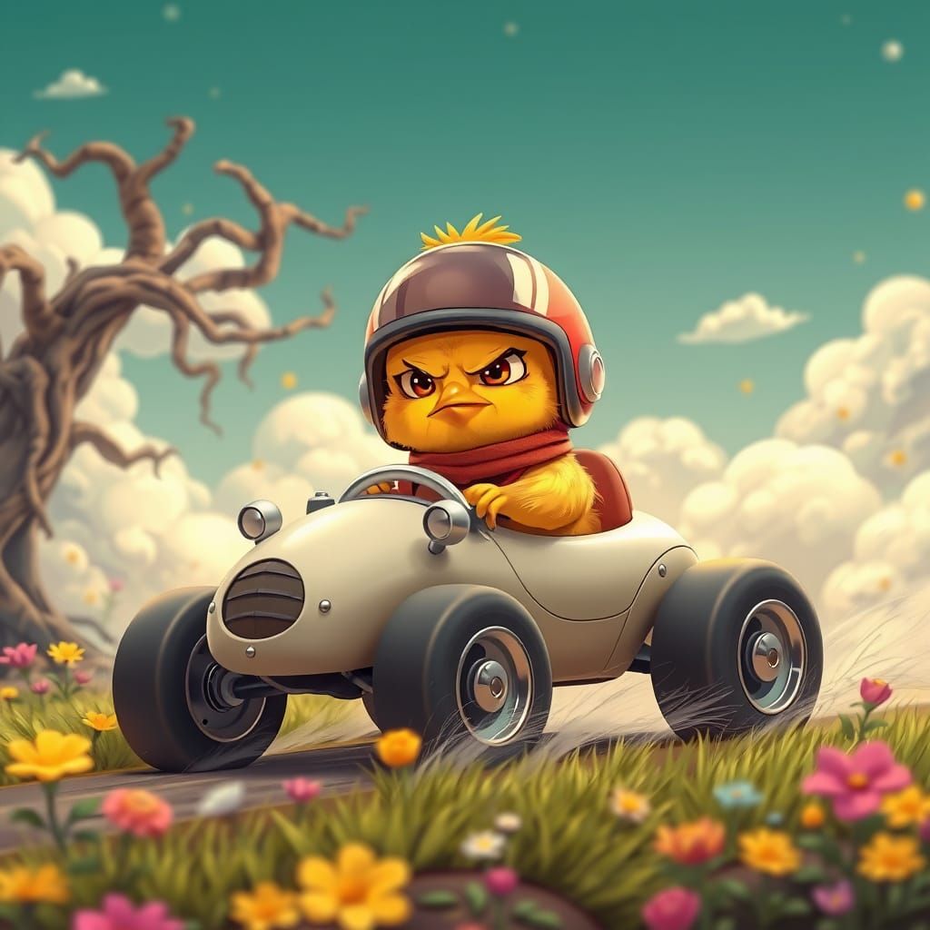 Baby Chick Races Through Dreamscape in Cartoon Car