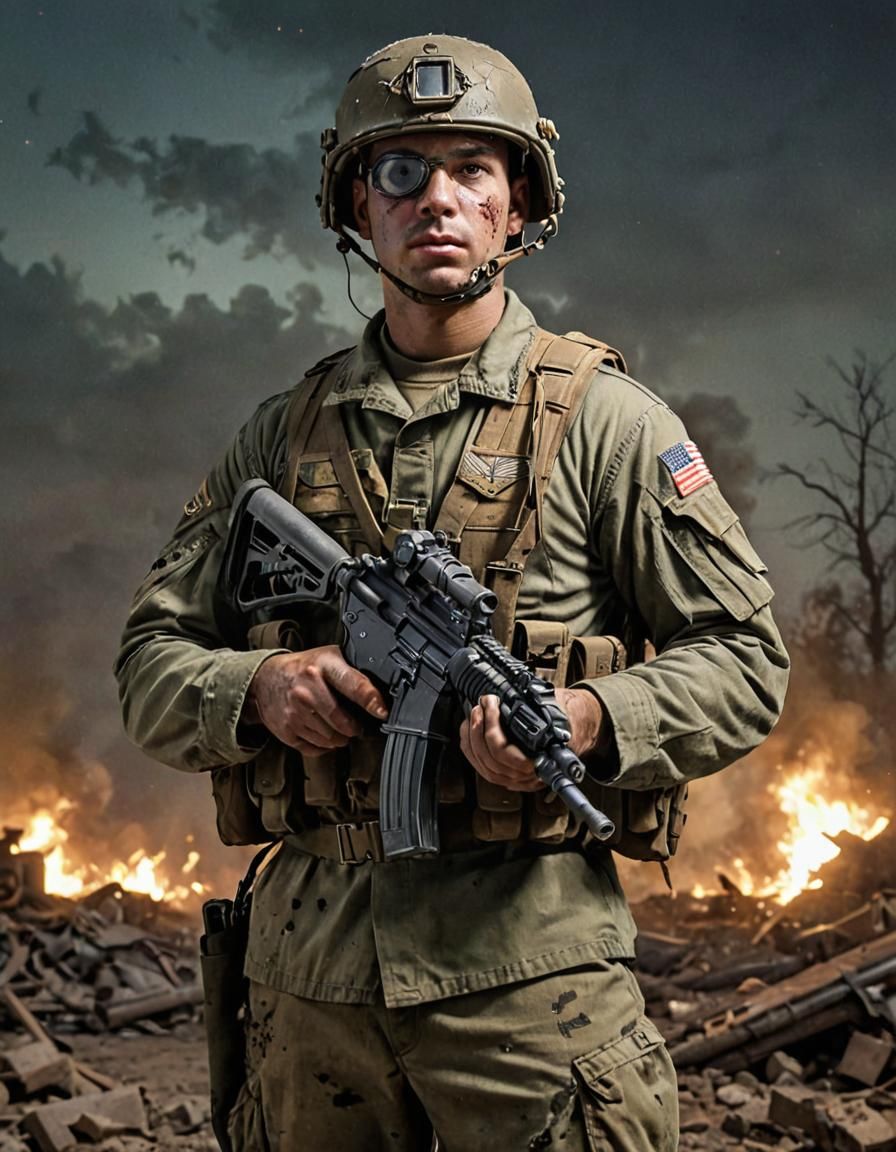 Modern Soldier in World War II Battlefield