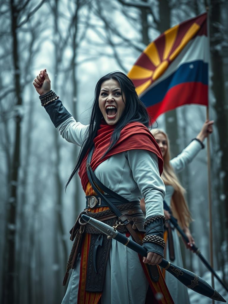Evil Warrior Screams Victory Waving Macedonian Flag in Winte...