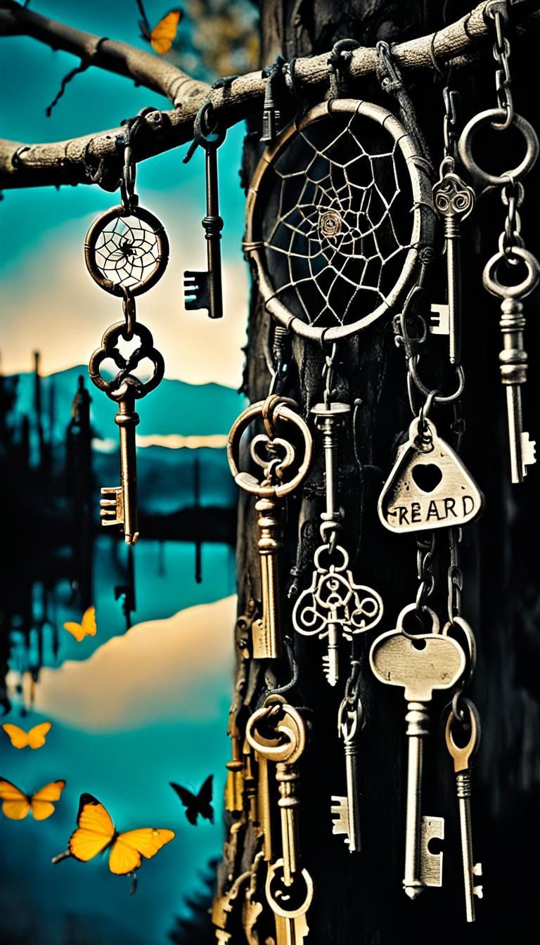 Surreal Key Dreamcatcher in Tree Branches