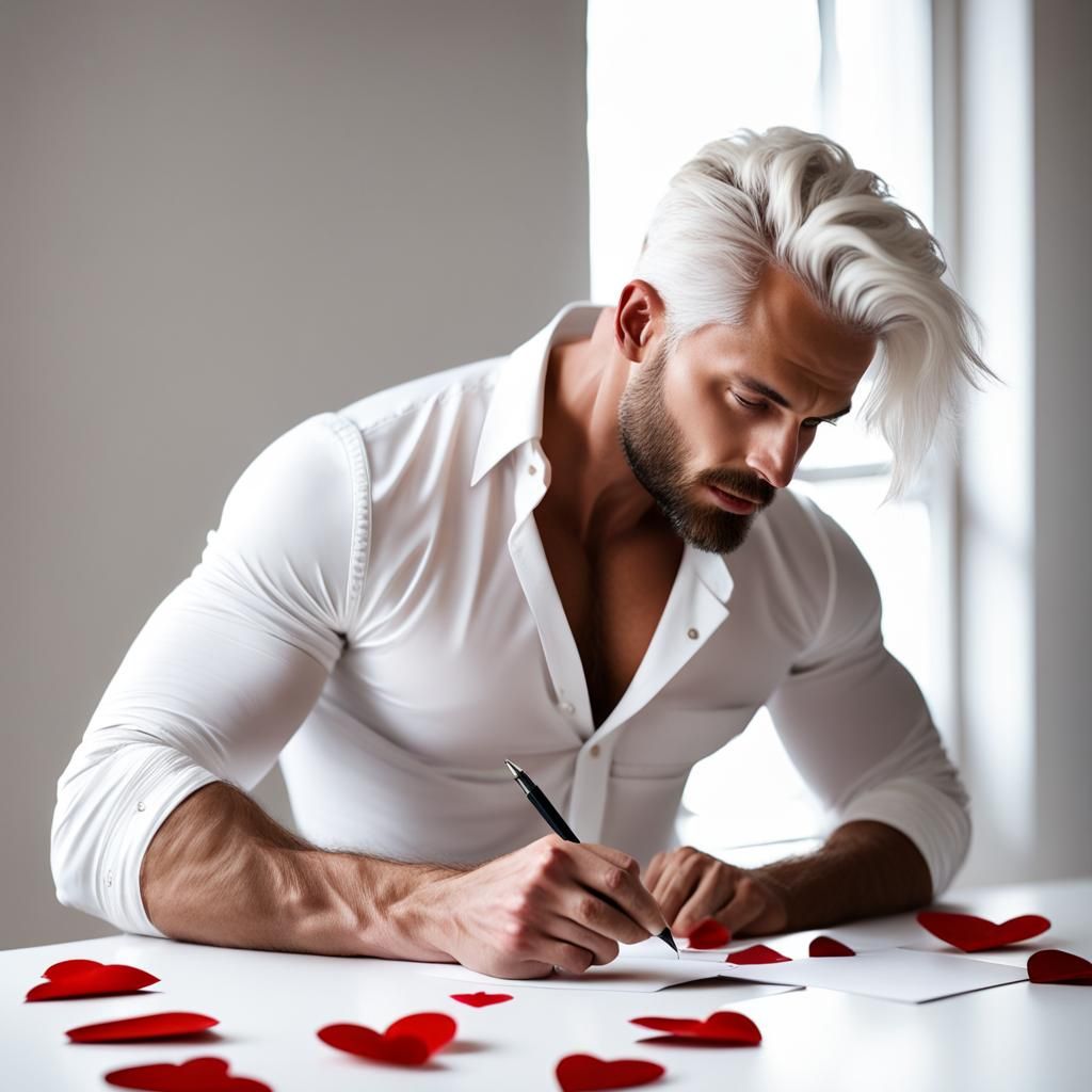 Handsome Man Writes Love Letter in White Room