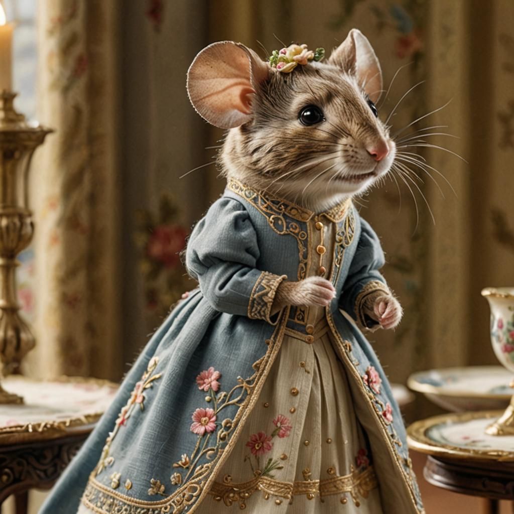 Victorian Lady Mouse in Elegant Embroidered Gown