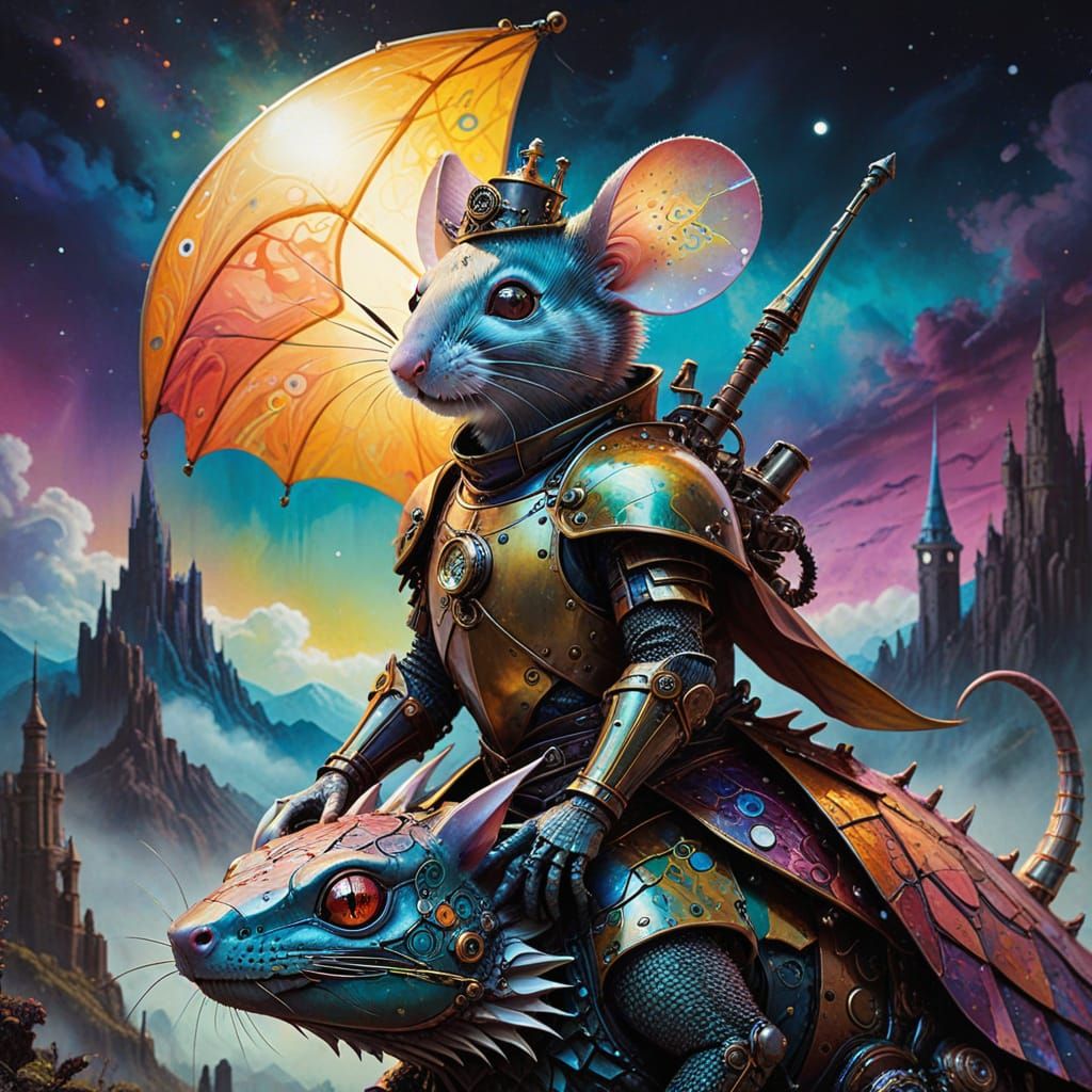 imagine a surreal digital art piece depicting an anthropomorphic steampunk mouse knight, dressed in a flamboyant, avant-...
