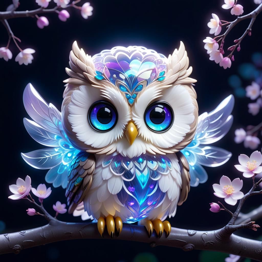 Translucent Chibi Owl with Sakura Flowers
