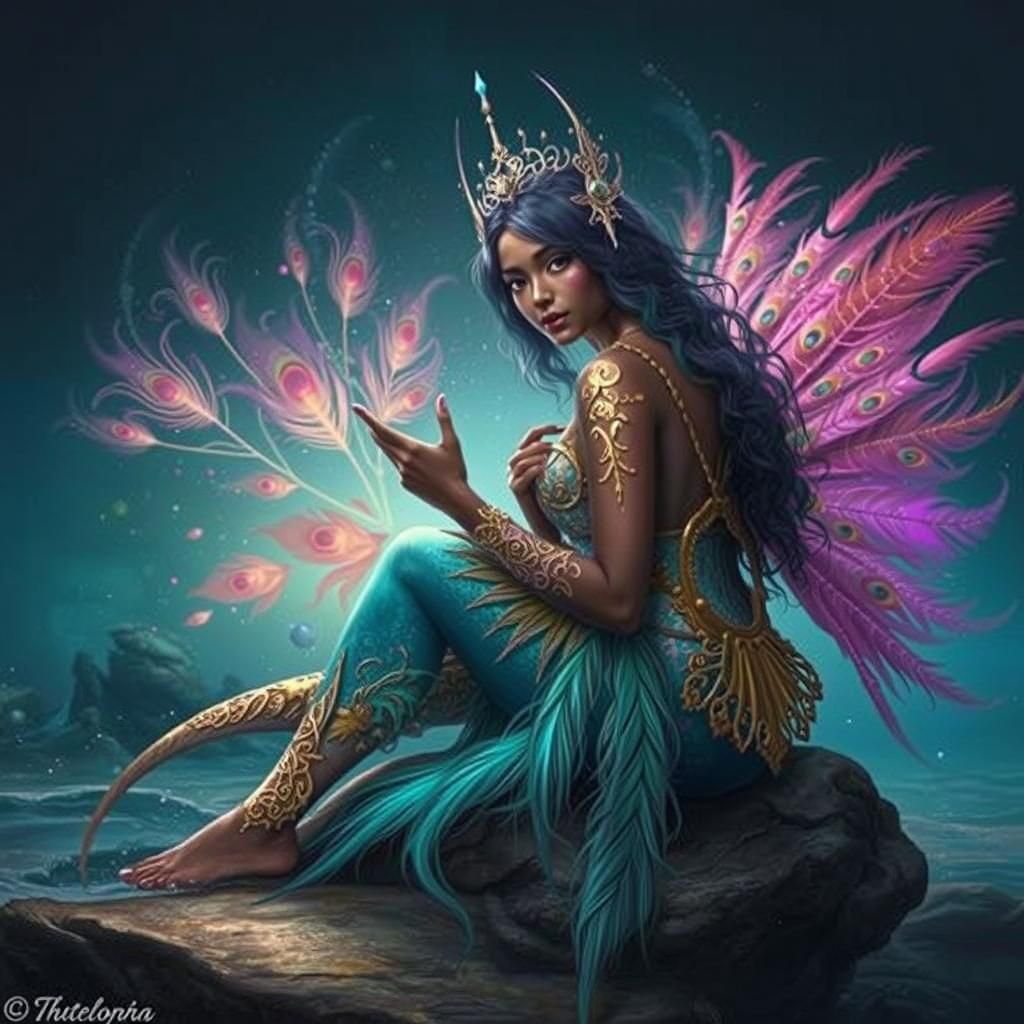 Ethereal Mermaid with Peacock Tail in Synthwave Style