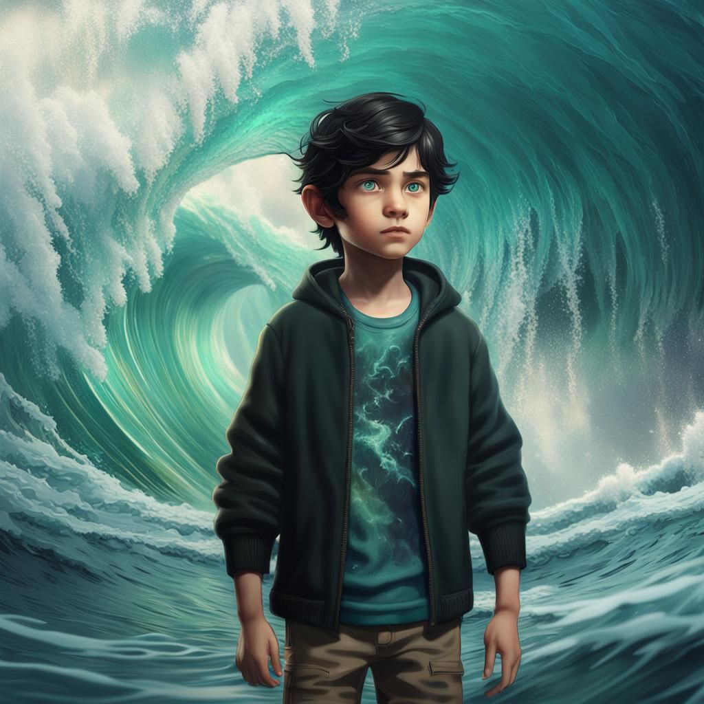 Boy with Sea Green Eyes Under a Wave