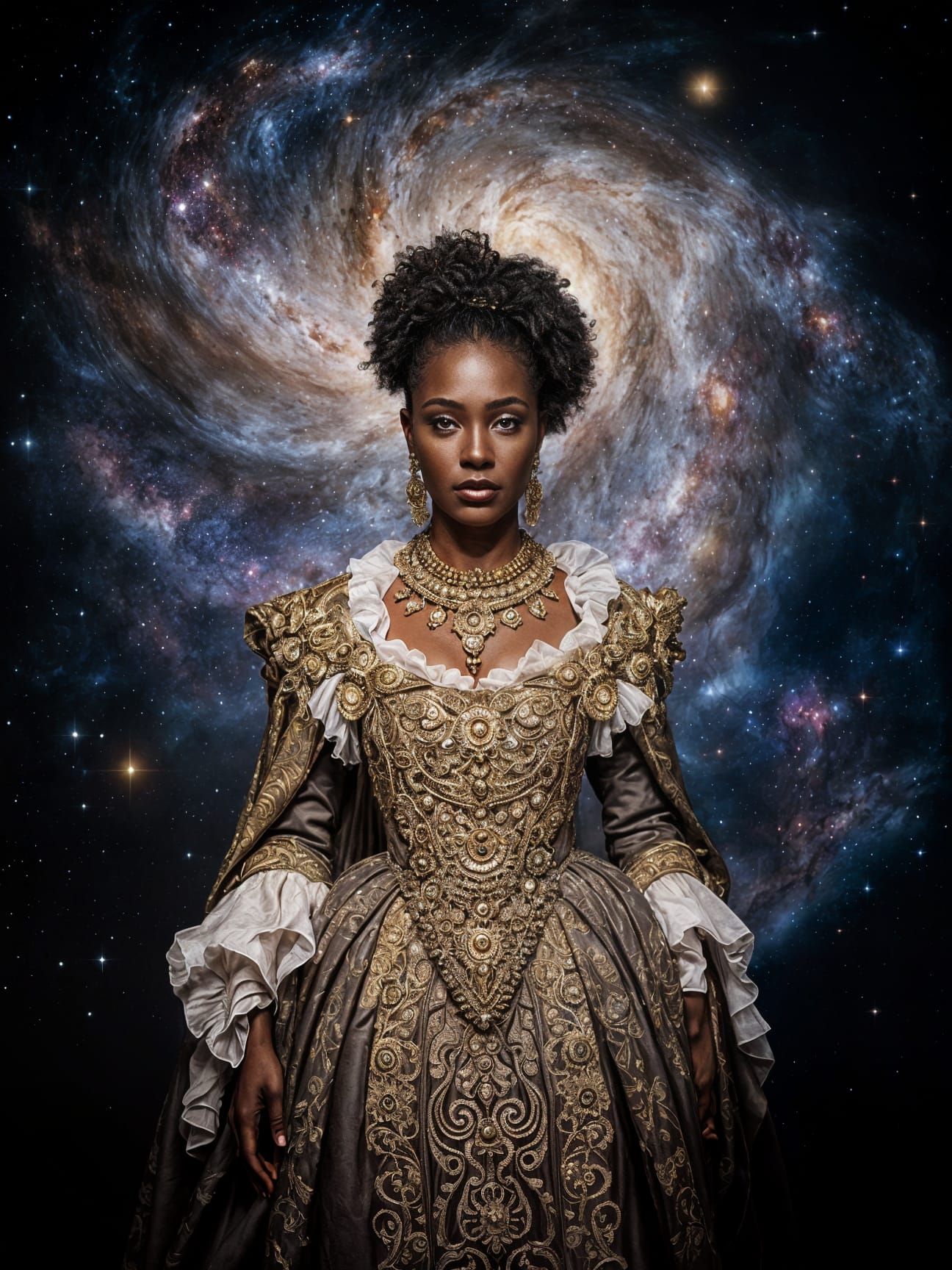 Elegant Woman in Baroque Regalia Before Cosmic Nebula
