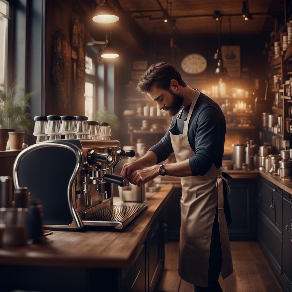 Espresso Preparation in Rustic Coffee Shop: Digital Painting