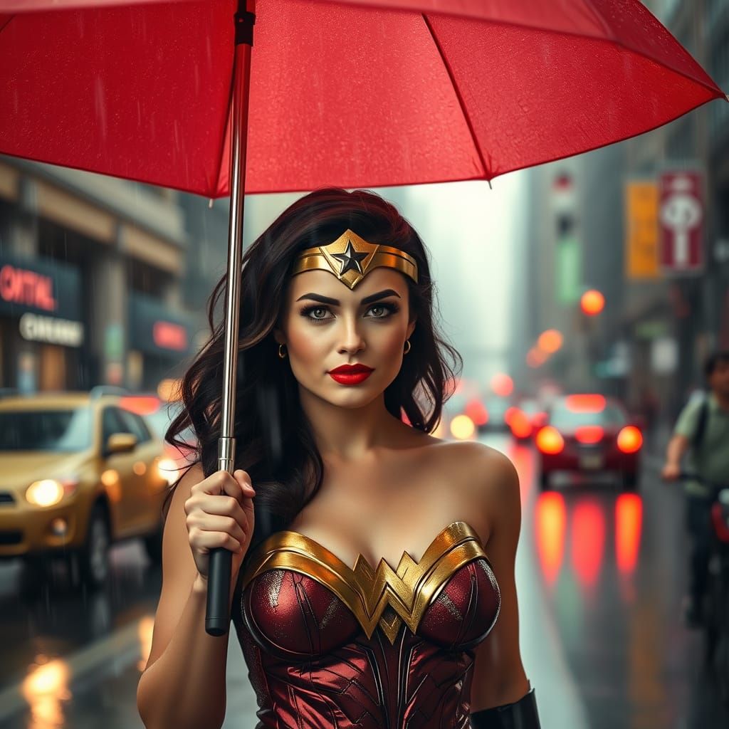Wonder Woman in Red and Gold Rain on Busy Street