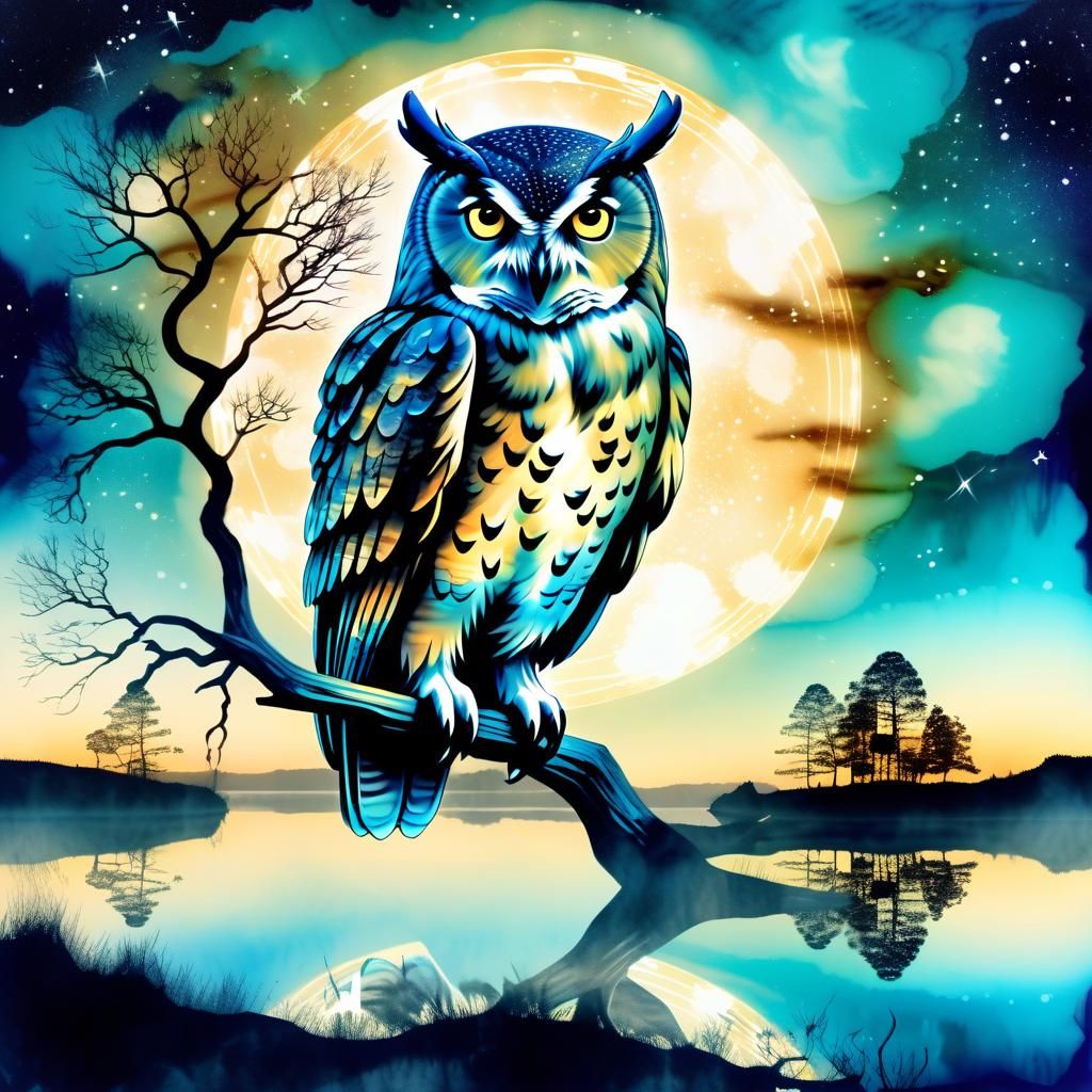 Surreal Owl Perches in the Darkened Magic Glade