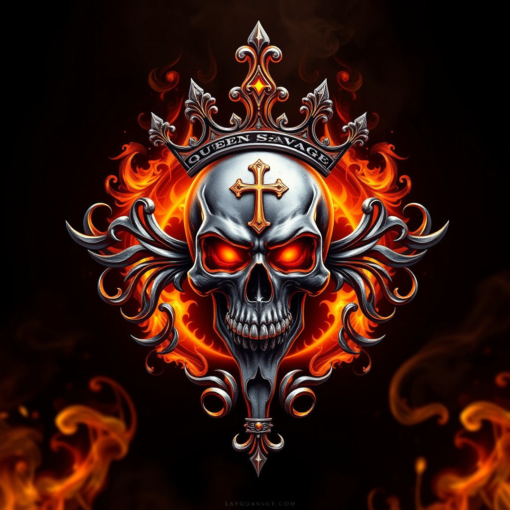Ornate Logo for Queen Savage with Skull and Flames