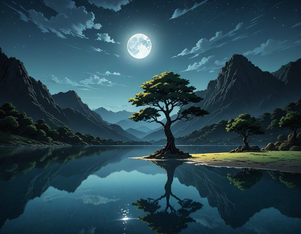 Ethereal Tree Silhouette Under Moonlit Mountains