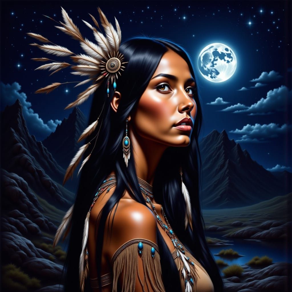 Native American Woman Gazing at Stars in Fantasy Style
