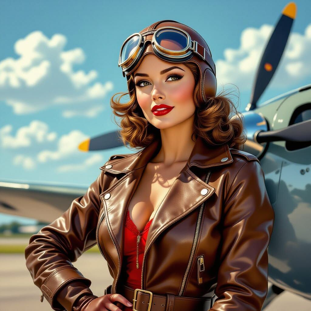 1940s aviator pin-up with goggles and a leather jacket leaning on a propeller plane. Describe her vintage fashion, setti...