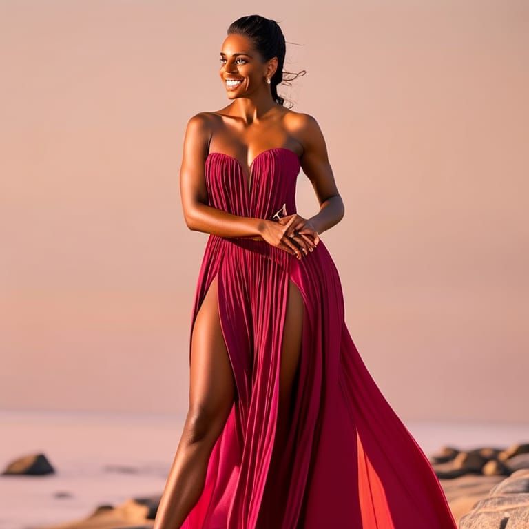 Woman in Red Dress on Rocky Beach