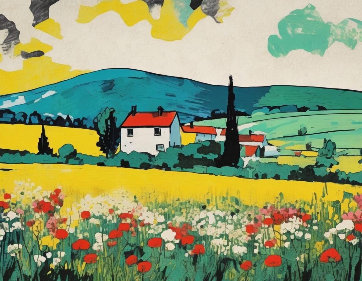 Grunge Spring Landscape Inspired by Expressionism and Pop Ar...