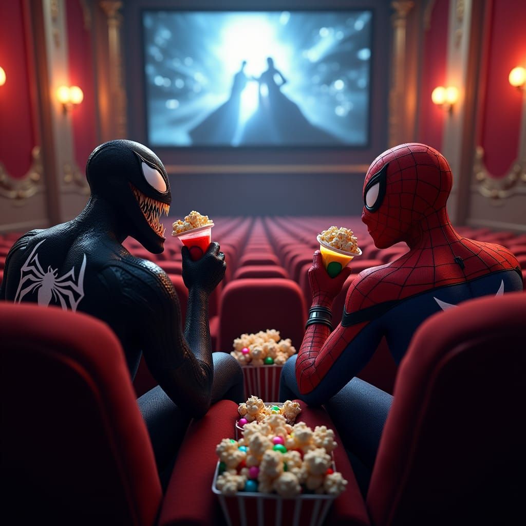 Venom and Spiderman at the Movies: Hyper-Realistic Render