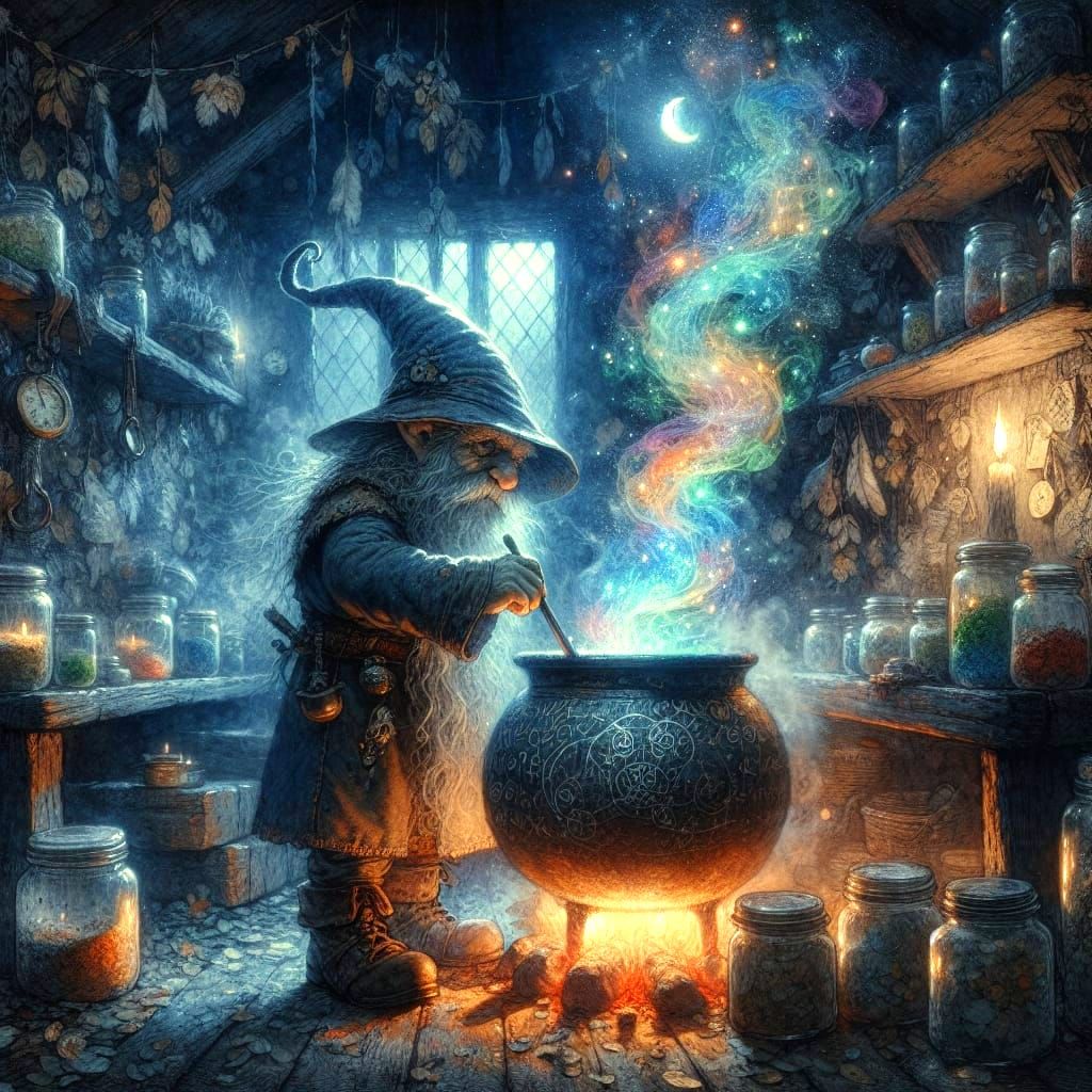 Gnome Stirring Cauldron in Forest Cabin, Watercolor Art