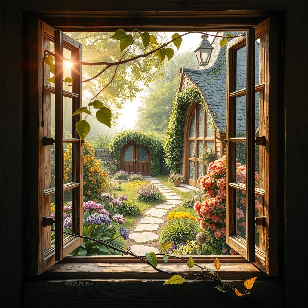 Dreamy Garden View Through Ancient Window