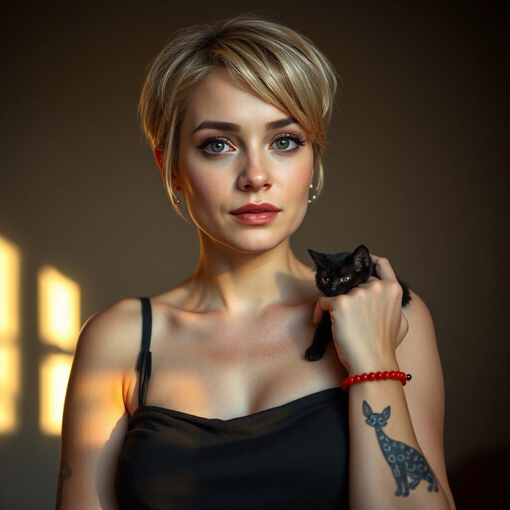 Photorealistic Portrait of a Woman with Blonde Hair and Cats