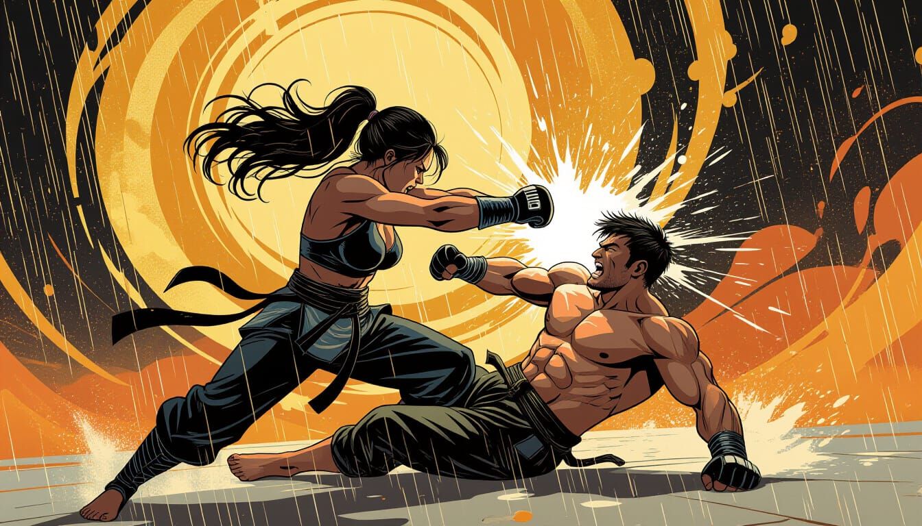 Female Fighter Knocks Out Opponent in Comic Book Style