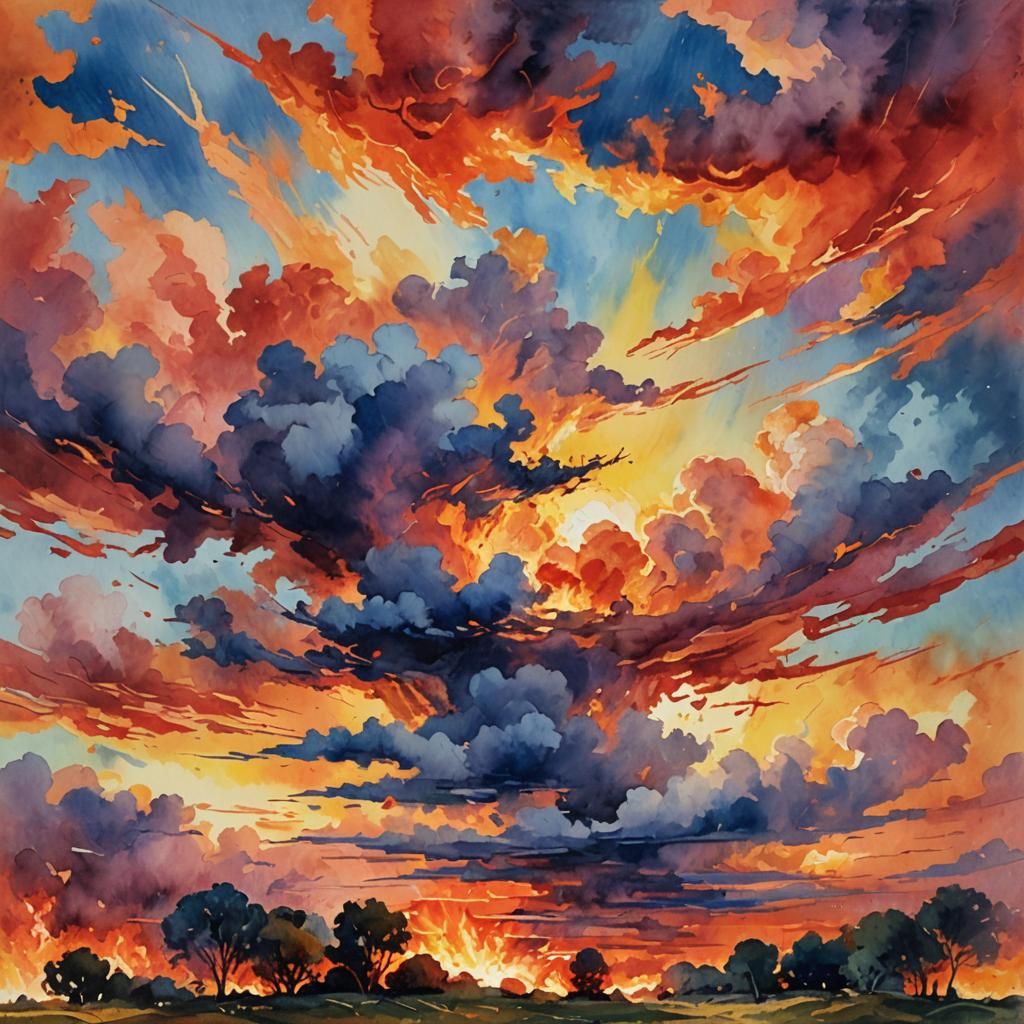 Fiery Sky Gouache Impressionist Masterpiece