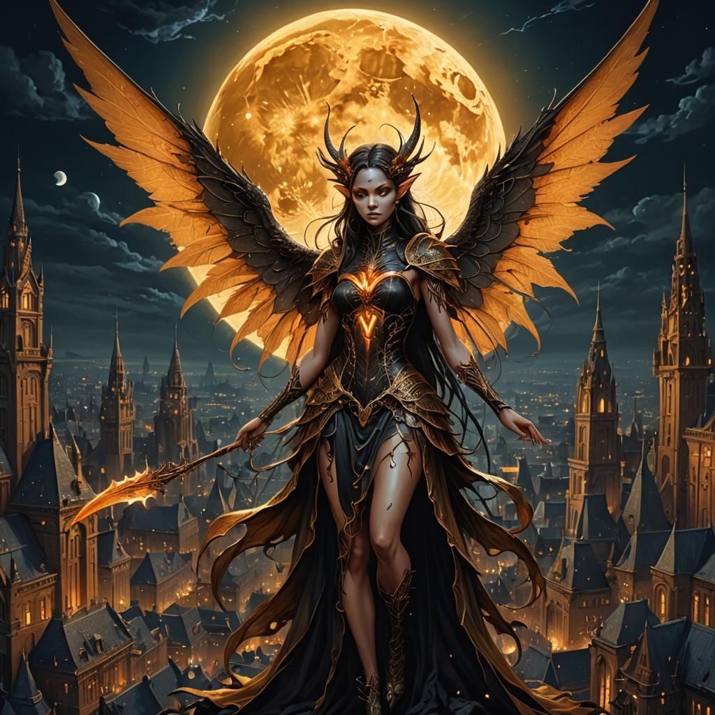 Moonlit Fairy over Gothic Cityscape in Dark Gold
