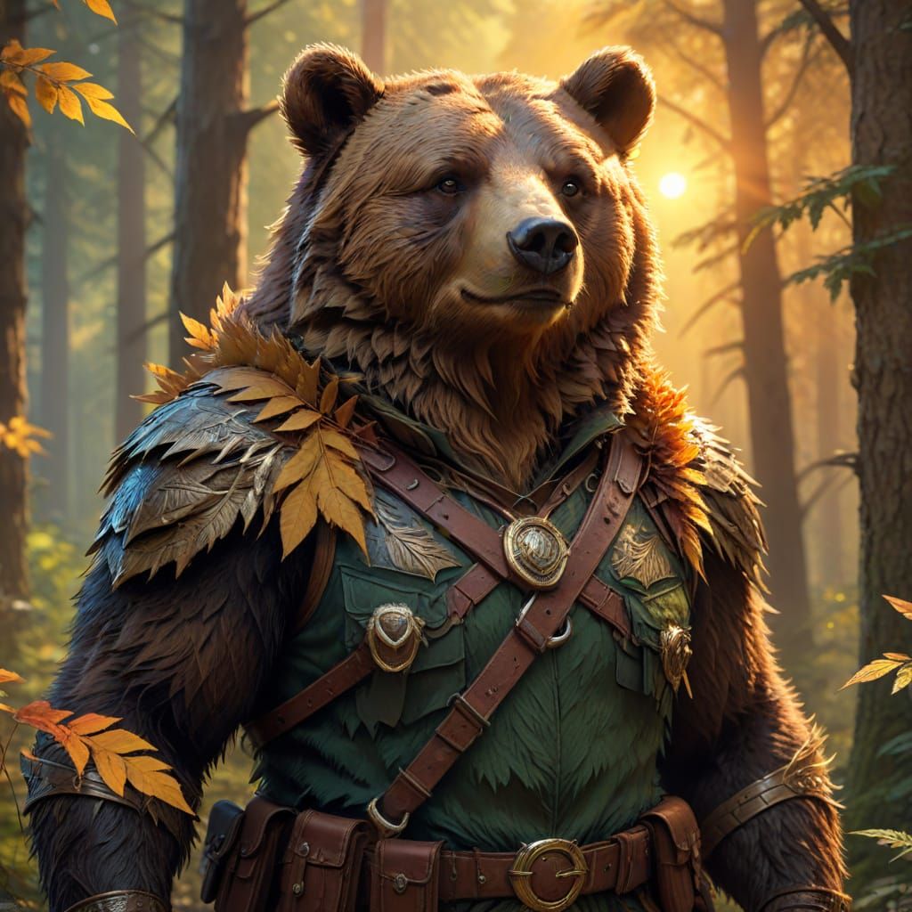 Fantasy Bear Ranger in Forest Sunset