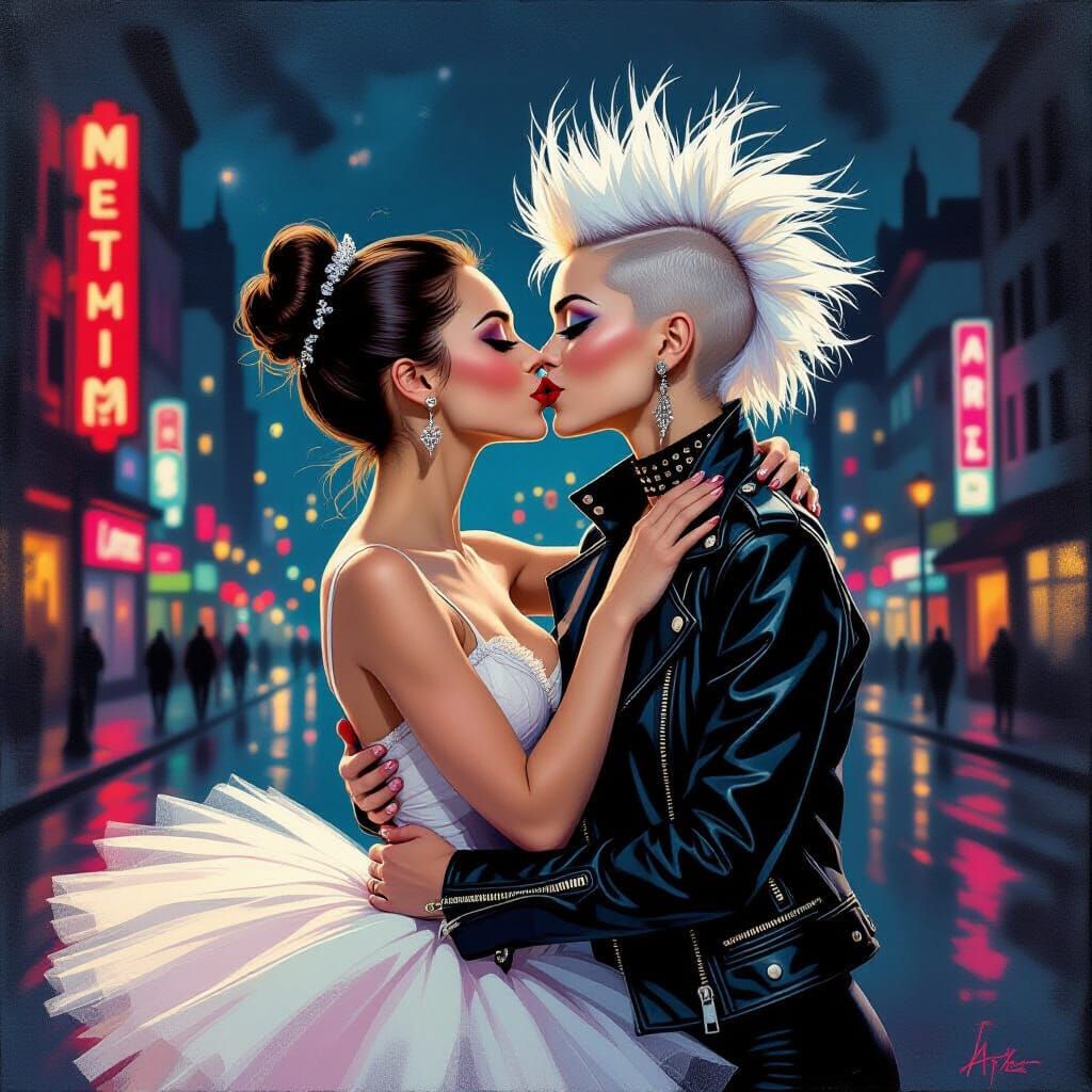 Ballerina Kisses Punk Woman in Neon Cityscape