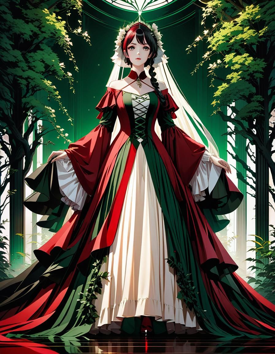 Gothic Dress in Crimson, Green, and Ivory, Anime Style