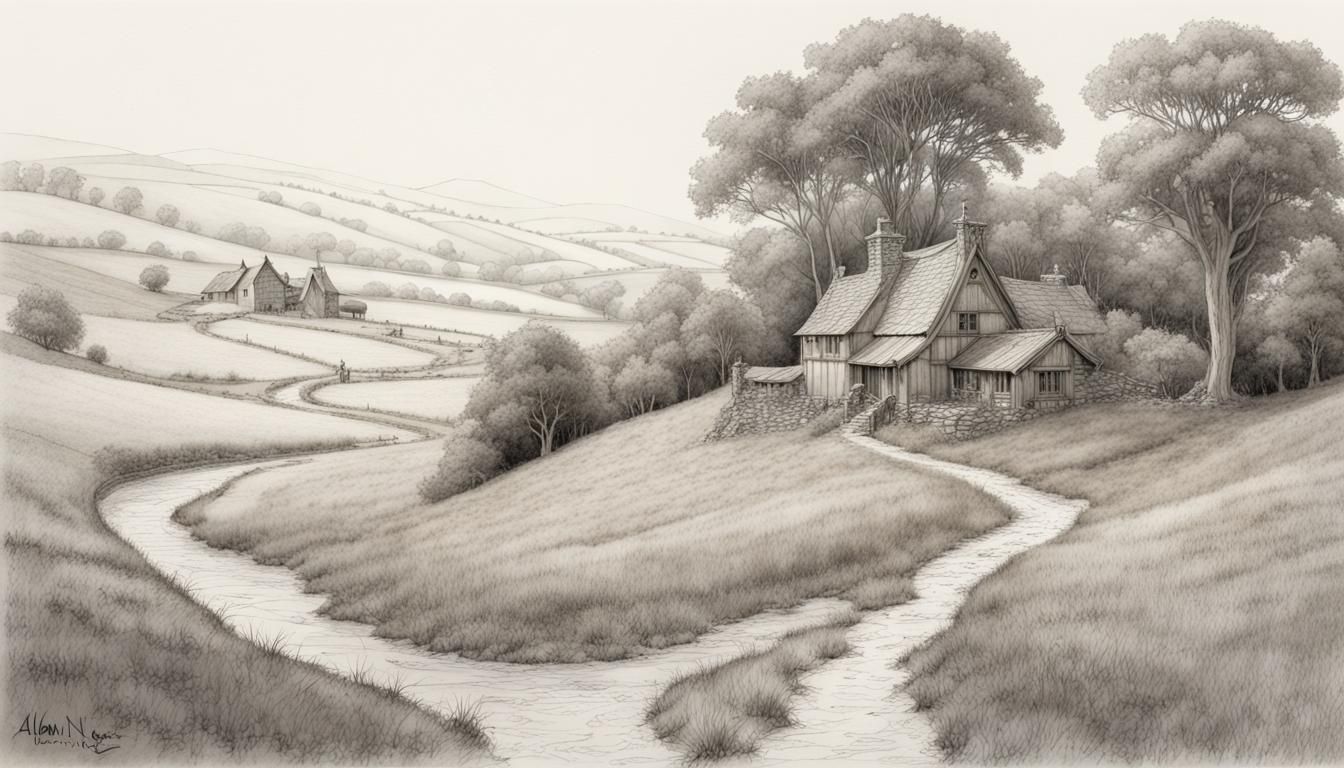 Intricate Line Drawing of Hillside Homestead