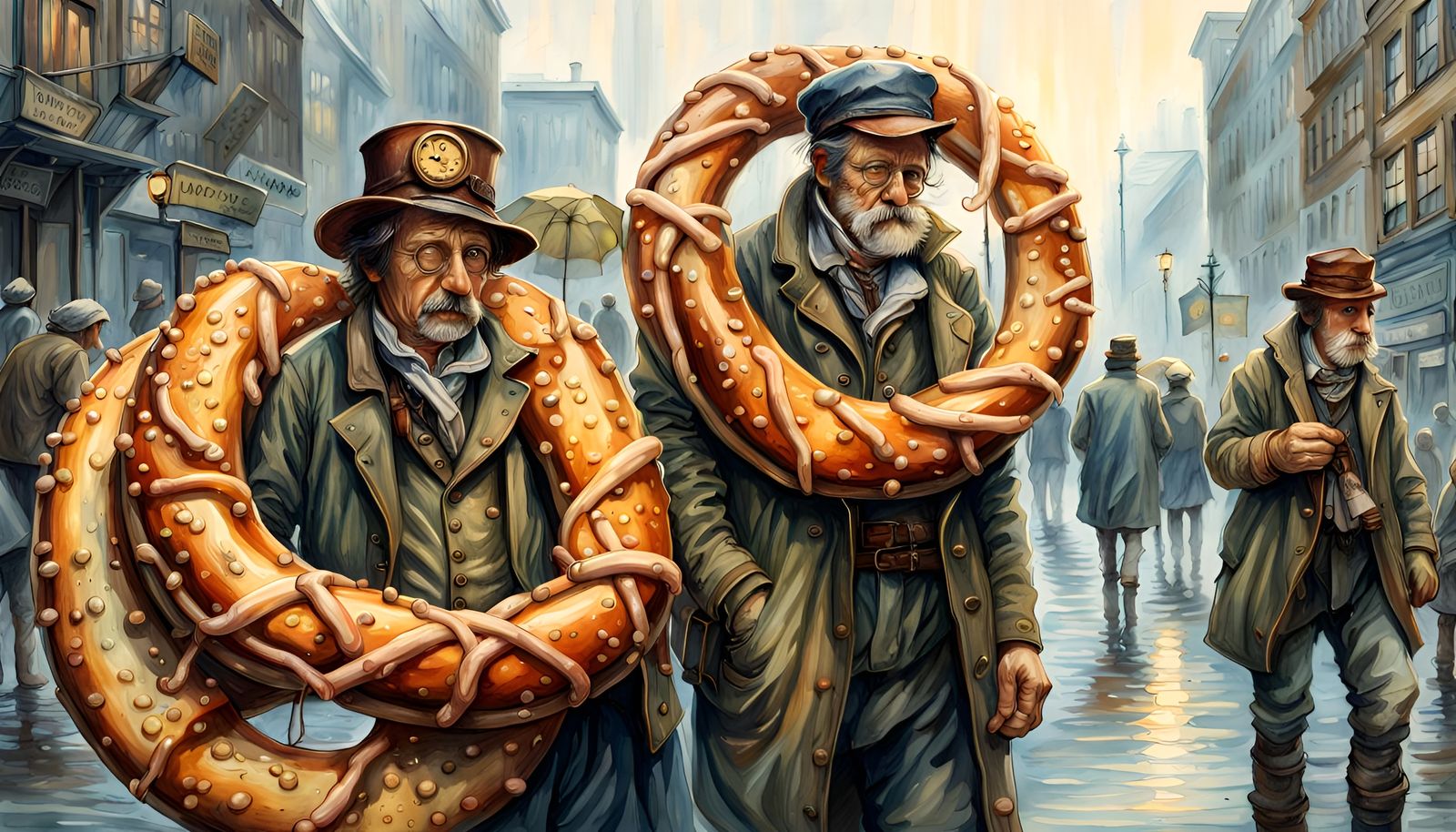 Hyperrealistic Pretzel People in Dystopian Steampunk Waterco...