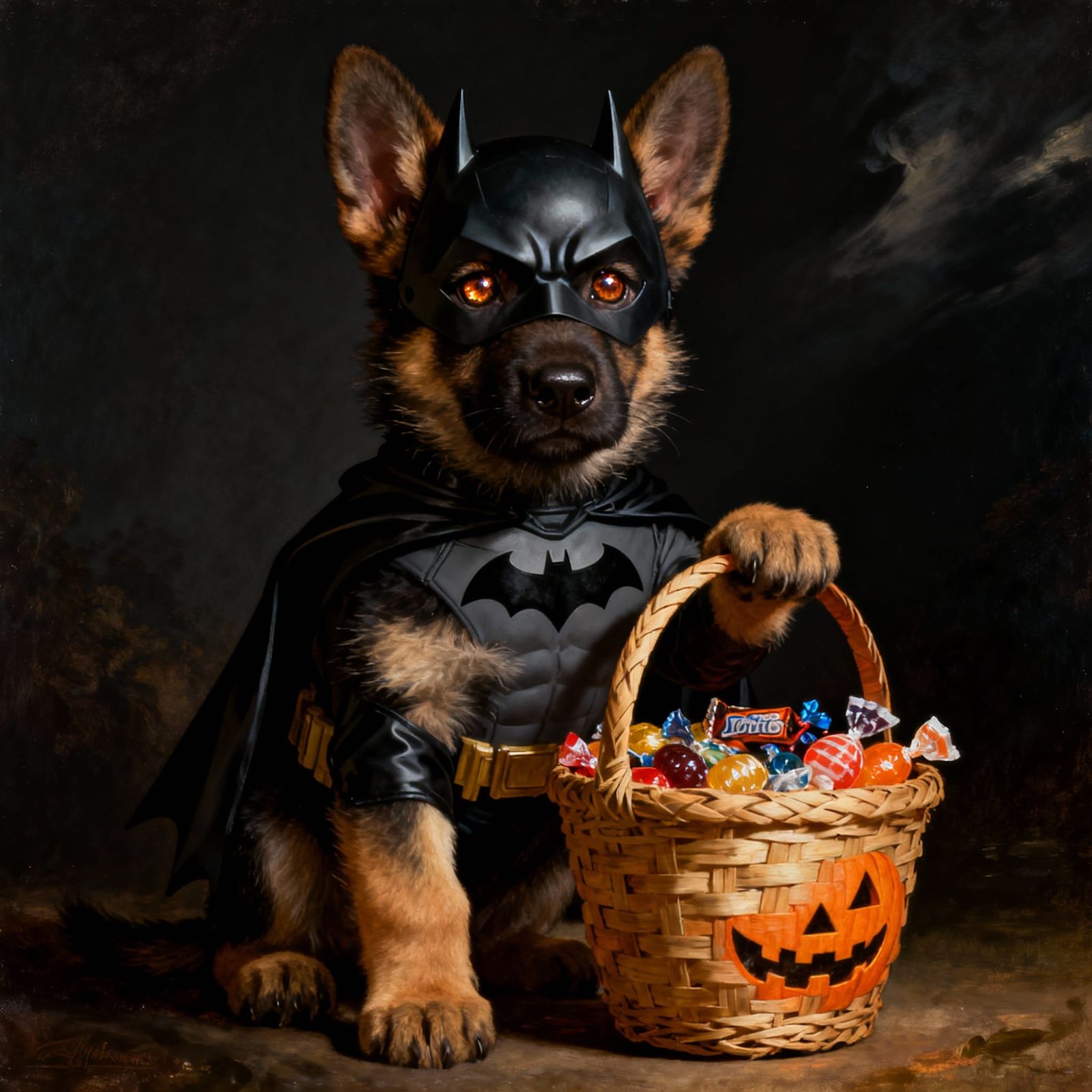Adorable German Shepherd Puppy in Batman Costume Holding Can...