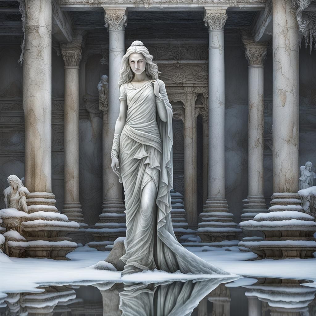 Snowy Temple: Hyperrealistic Marble Woman Statue