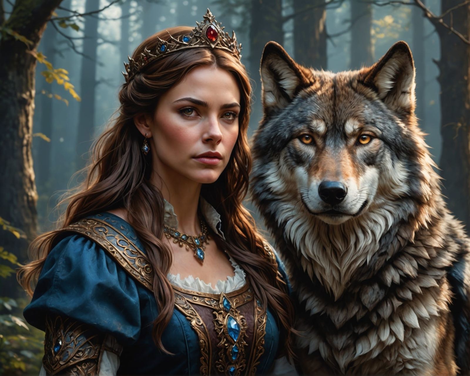 Most beautiful brown haired queen with magnificent wolf.
