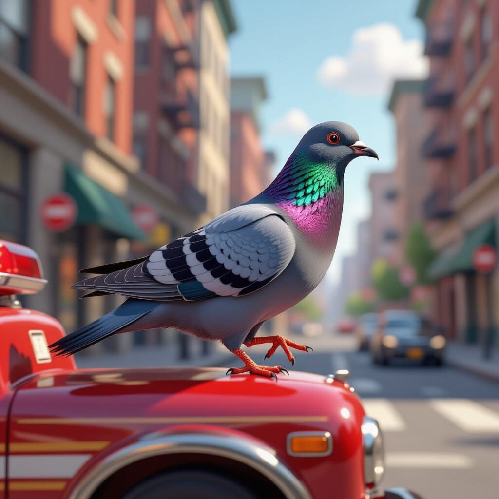 Pigeon Running on Fire Engine in Cartoon Style