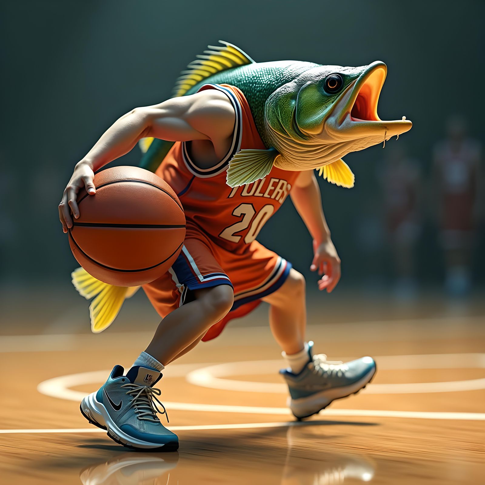 Realistic Bass Fish Plays Basketball in Close-up