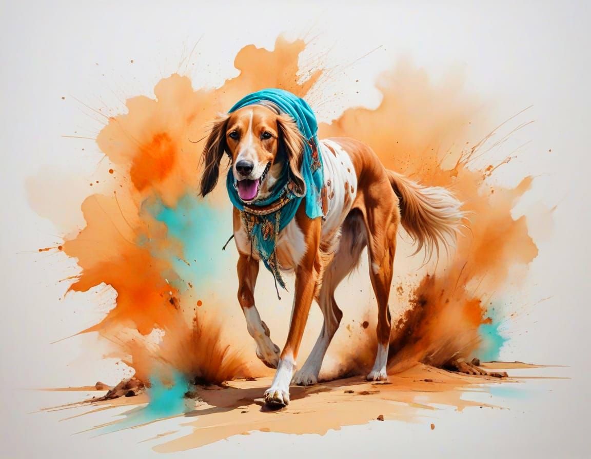 Bedouin Tracker With Saluki Hound in Desert Watercolour