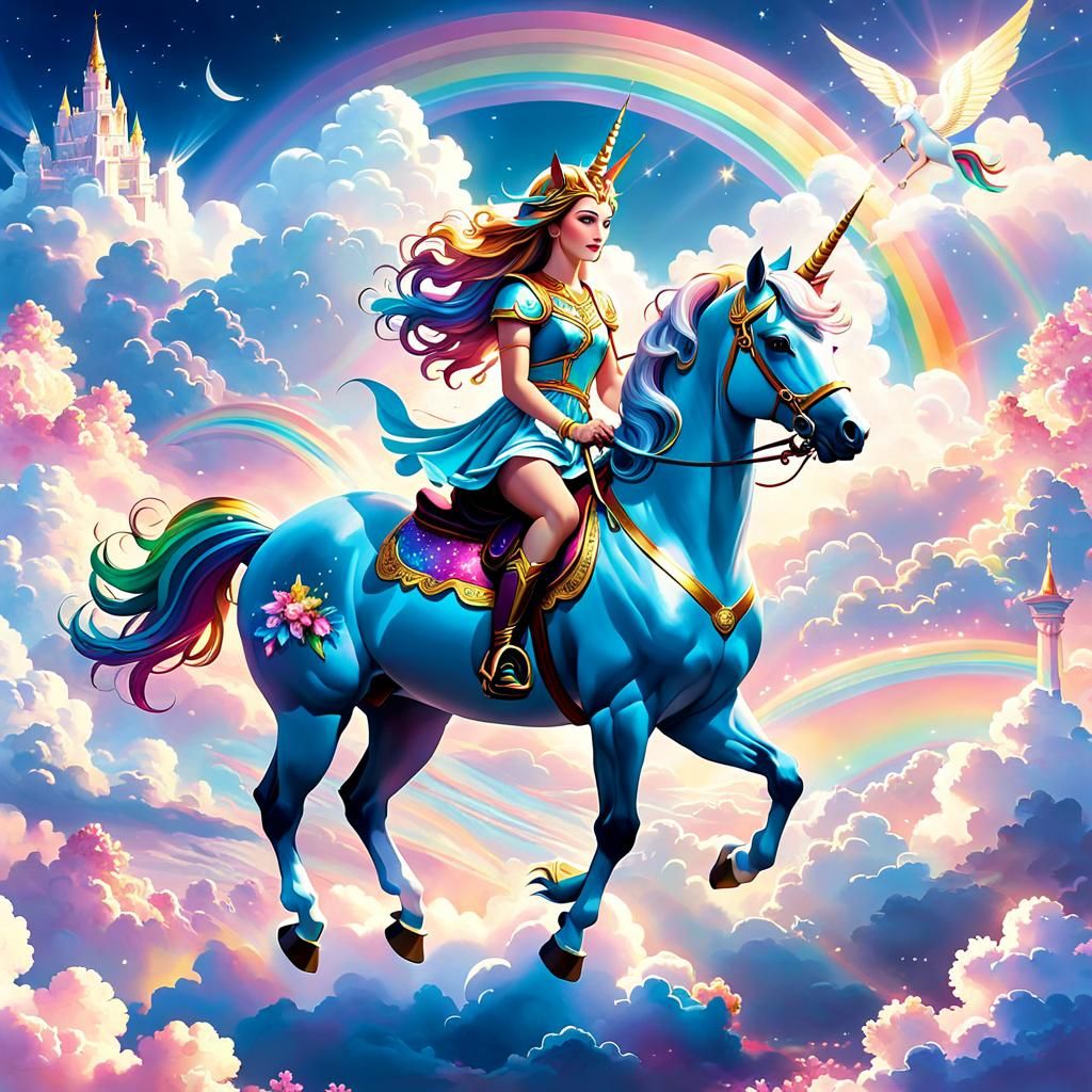 Goddess Riding Unicorn Through Rainbow Cloudscape