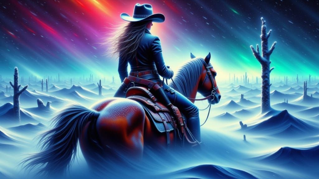 Cowgirl Rides Through Blacklit Snowstorm