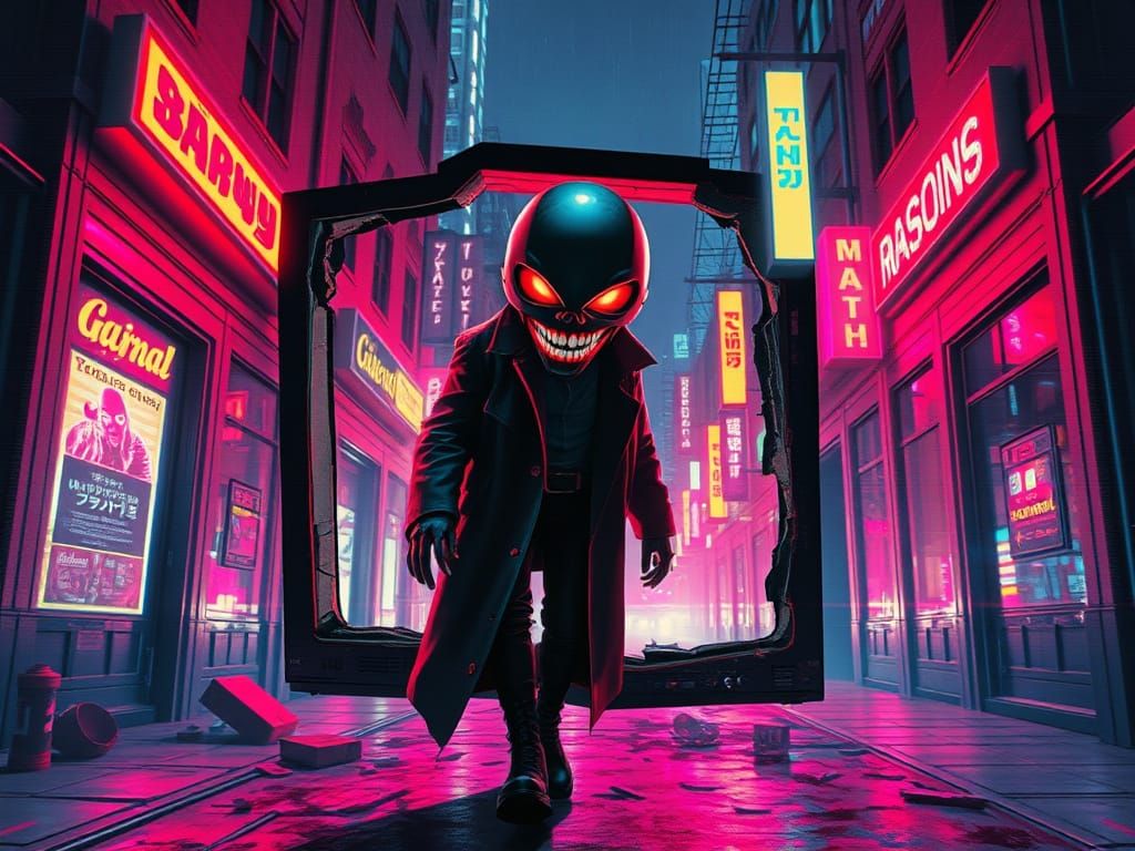 Glitching Humanoid Emerges into Cyberpunk Hellscape