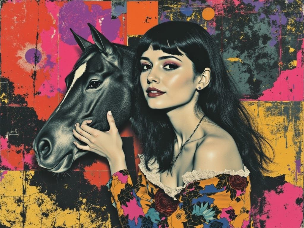 Woman and Horse in Cubist Basquiat Style